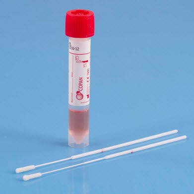 covid-19 stock photos are, without fail, the worst. here is what the actual media for any covid testing looks like, utm in a red top tube with a minitip swab. swab goes in the nose, swab gets broken in half, swab goes in the tube, we test the juice.