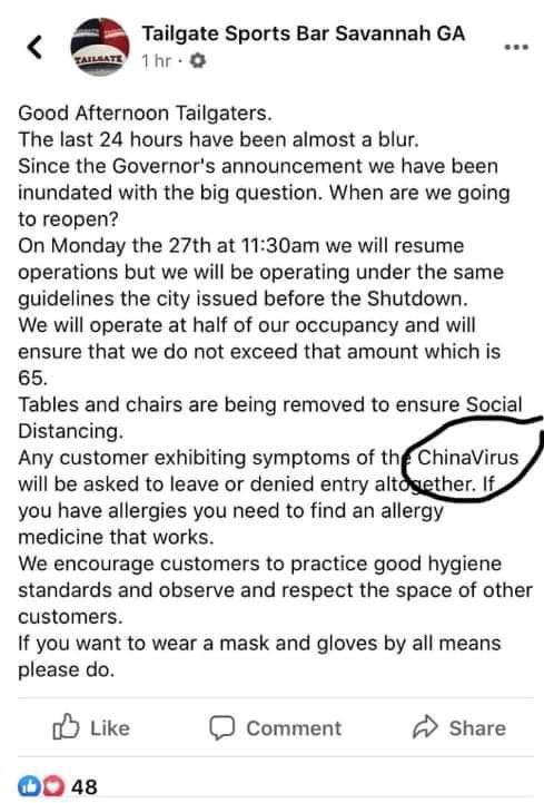 MicketyMacks's tweet photo. 😐🤔 Really? The “ChinaVirus”? 
If you @VisitSavannah - don’t go to this place. https://t.co/K7Kv2drrS3