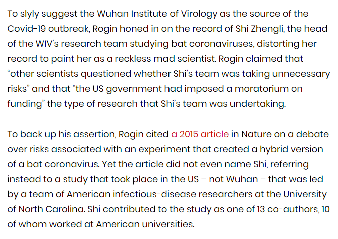 .To implicate the Wuhan lab as the source of the Covid outbreak,  @joshrogin smears Shi Zhengli, head of the lab's research on bat coronaviruses, claiming she was taking "unnecessary risks". As evidence he cites a Nature article which doesn't name Shi and refers to a US study!