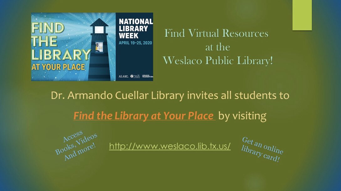 WISDCuellarLib's tweet photo. Happy National Library Week!  Check out the great resources at the Mayor Joe V. Sanchez Public Library website! https://t.co/DvsX7c3ZbZ