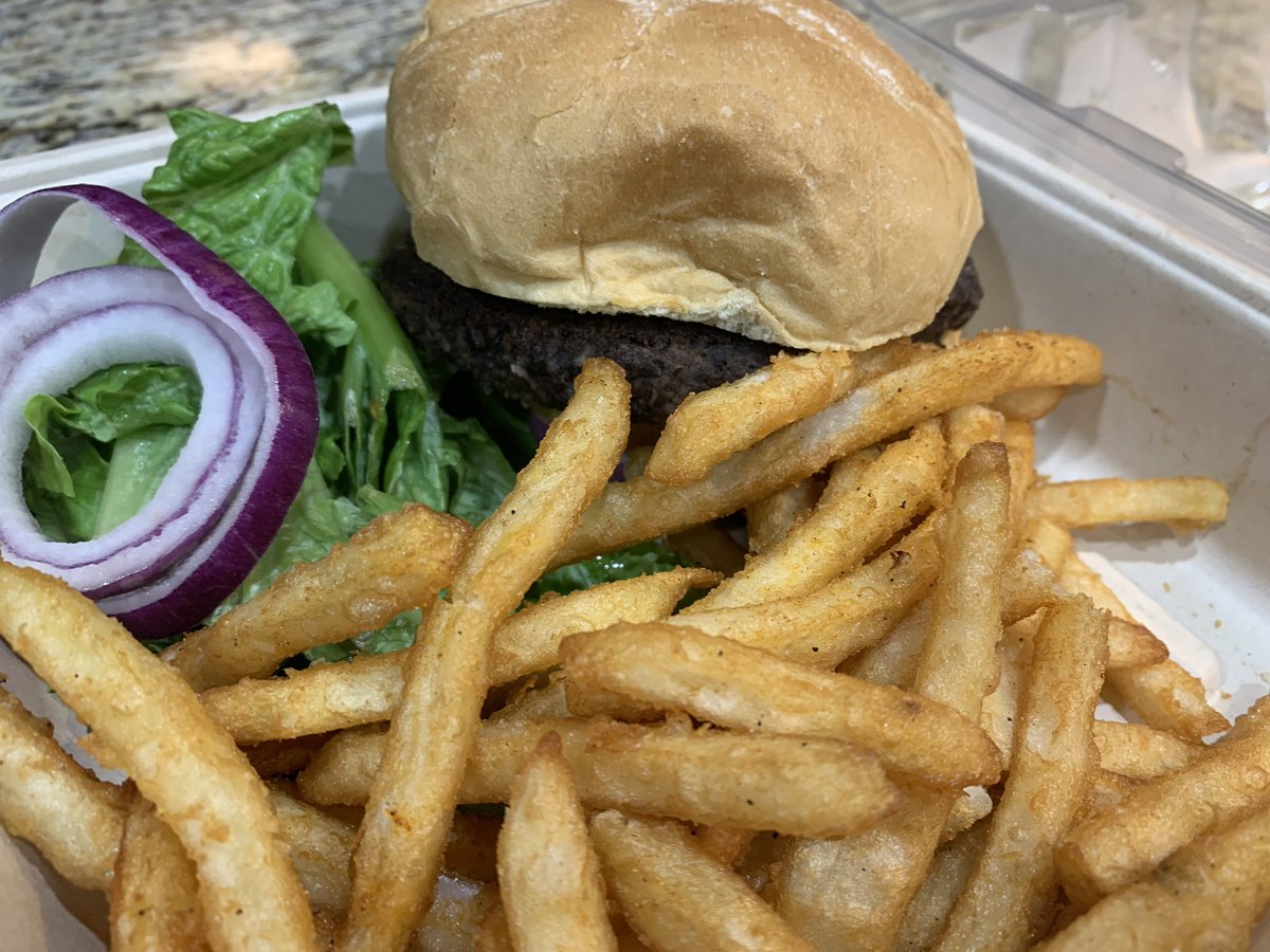 okcveggie's tweet photo. Tonight’s #QuarantineDinner comes from @picassocafe! Enjoying their delicious Quinoa + Black Bean Burger with fries &amp; honey mustard. https://t.co/FR5lFrEU0E