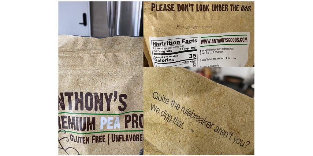 KarynBuxman's tweet image. Ordered a bag of protein powder—top of bag “Please don’t look under the bag.” I had to turn it over, right?! “Quite the rulebreaker aren’t you? We digg that.” It doesn’t take that much to set you above &amp;amp; beyond your competition. Tnx @AnthonysGoods! #HumorIsPower #FunnyMeansMoney