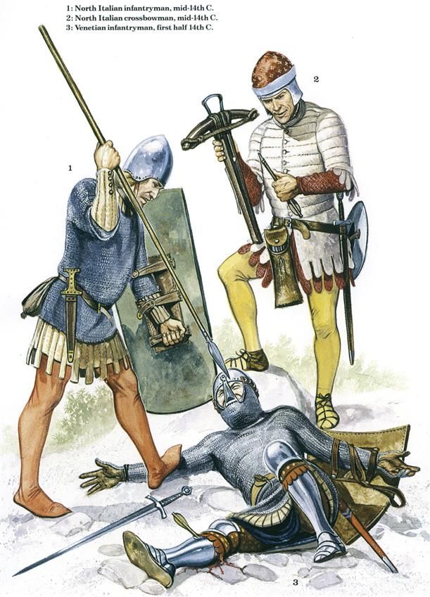 アプロ なんか中世っぽい物を貼れ 14世紀の北イタリアの兵士たちだ ヴェネチアの装甲歩兵が今に止めを刺されそうなのが見どころ W 中世の北イタリア諸都市は裕福なので 装備にもお金をかけている 北イタリアでは 市民歩兵や市民騎兵でも鎧兜一式