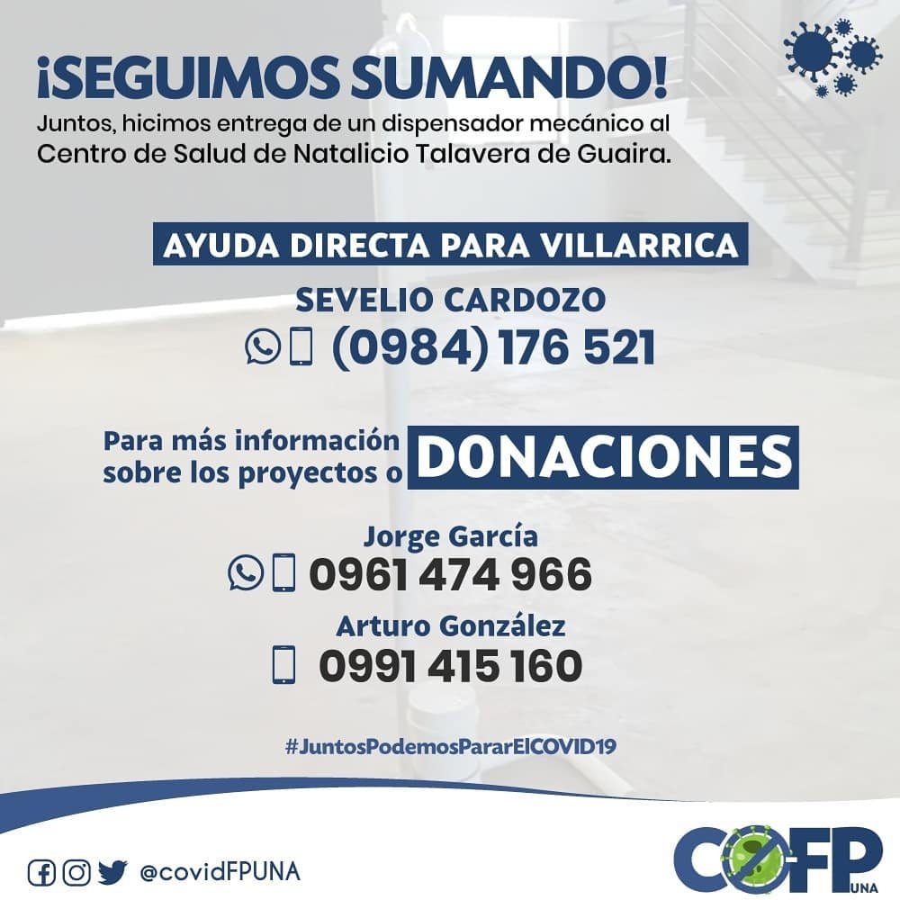 Estudiantes, profesores y profesionales de la Politécnica UNA (<a href="/CovidFPUNA/">COVID-19 FPUNA</a>) están desarrollando varios proyectos y donaciones, entre ellos la creación, ensamblaje y entrega de Dispensadores de Alcohol Mecánicos. Enterate cómo ayudar en la imagen.