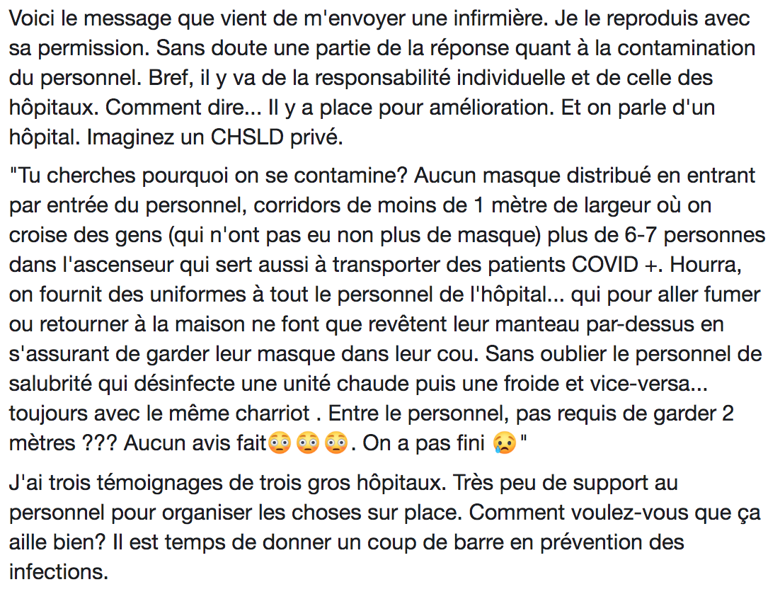 Vadeboncoeur_Al's tweet image. J'hésite beaucoup à partager ceci, mais je pense que ça met le doigt sur une partie significative du problème. J'ai des témoignages de trois hôpitaux où ça semble être pris à la légère, les mesures de prévention. En voici un percutant. Peu de support des équipes de prévention ici