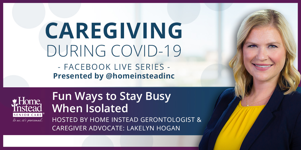 homeinstead's tweet image. Join #HomeInstead gerontologist Lakelyn Hogan 4/23 at 2pm CDT to learn fun and creative ways to help #olderAdults stay busy while at home. Watch the #FacebookLive ➡️ bit.ly/2RU1Mo6
#caregiving #caregiver #seniorcare #COVID19