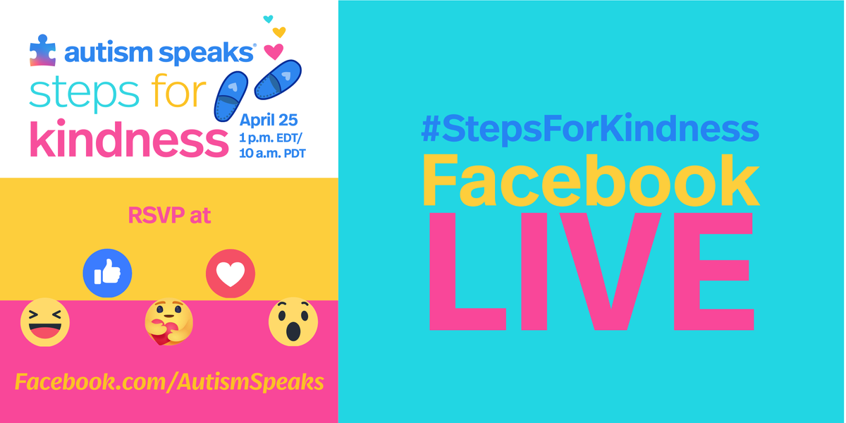 autismspeaks's tweet image. Join us for #StepsForKindness, a nationwide event on April 25 at 1 p.m. EDT/10 a.m. PDT to connect and celebrate together on Facebook LIVE! 

RSVP here: facebook.com/events/1800802…