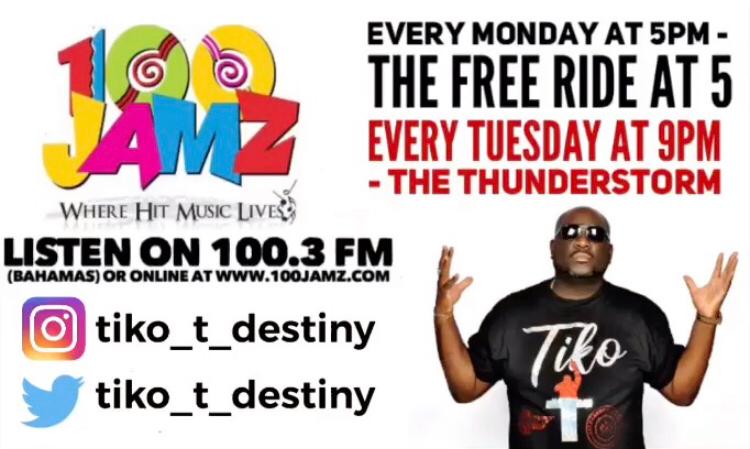 Tiko_T_Destiny's tweet photo. Make sure you're Tuned In tonight at 9pmโผ @100jamz242 #TheThunderstorm #TuneInToTikoT #FreeportsMinisterOfMusic #DestinySound #PassportGang https://t.co/nTQtxE5hAC