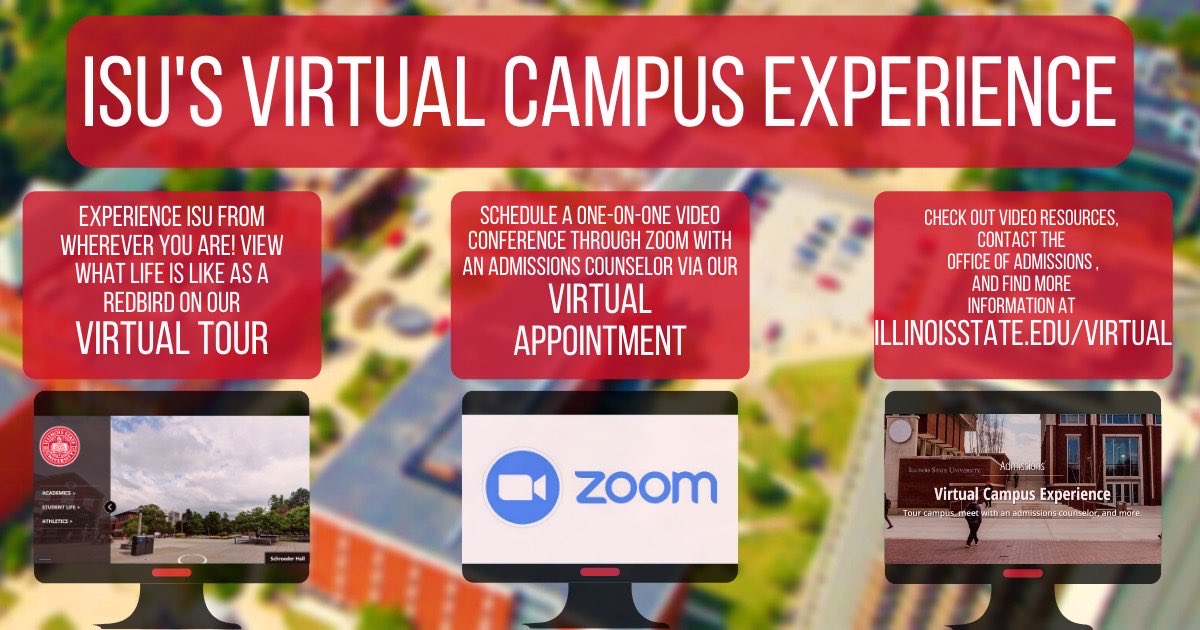 While campus visits are put on hold, stay at home and check out Illinois State from your couch! View our virtual tour, meet with an advisor via Zoom and check out more of our video resources at illinoisstate.edu/virtual! We hope to see you soon, #FutureRedbird!