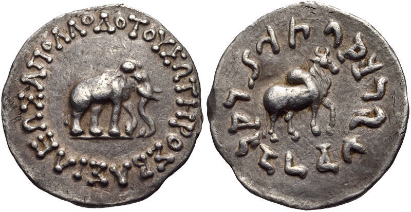 This is speculative (!), but what isn’t is later Kings combining aggressive colonial imagery with something special - reference to the ruled. As the Greeks enter India they start including Indian karosthi script and images. Two coins of Apollodotos I show this duality /12