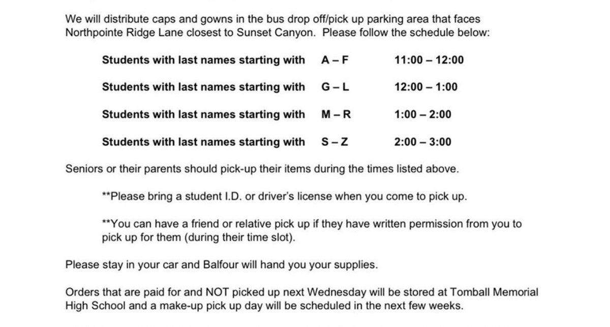 2020TMHS's tweet photo. Cap and gown pickup is TOMORROW!! 🥳🎓
Please check out the picture for all the details. Times for pickup is based on your last name. 
**make sure you have your name on a piece of paper in your dash :) 🤍💙 https://t.co/Pcc26UQoY5