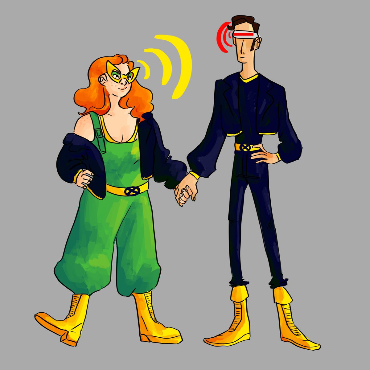 Second  #xmen pair, Jean Grey and Cyclops. I love the idea of a chubby Jean snce her whole thing is mind over matter, and she has no reason to be especially fit or skinny. Plus it creates contrast with my favourite type of cyclops, tall skinny legend. Also matching jackets uwu