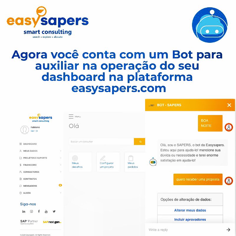 easysapers's tweet photo. Utilizamos o SAP Conversational AI para agilizar a interação em nossa plataforma, ficou com alguma dúvida na utilização das funções? Fale com o SAPERS, nosso agente virtual, acesse https://t.co/bIsJmD7DMb e confira essa novidade! #ai #digitaltransformation #digital #DeepLearning https://t.co/LjyheYvXHI
