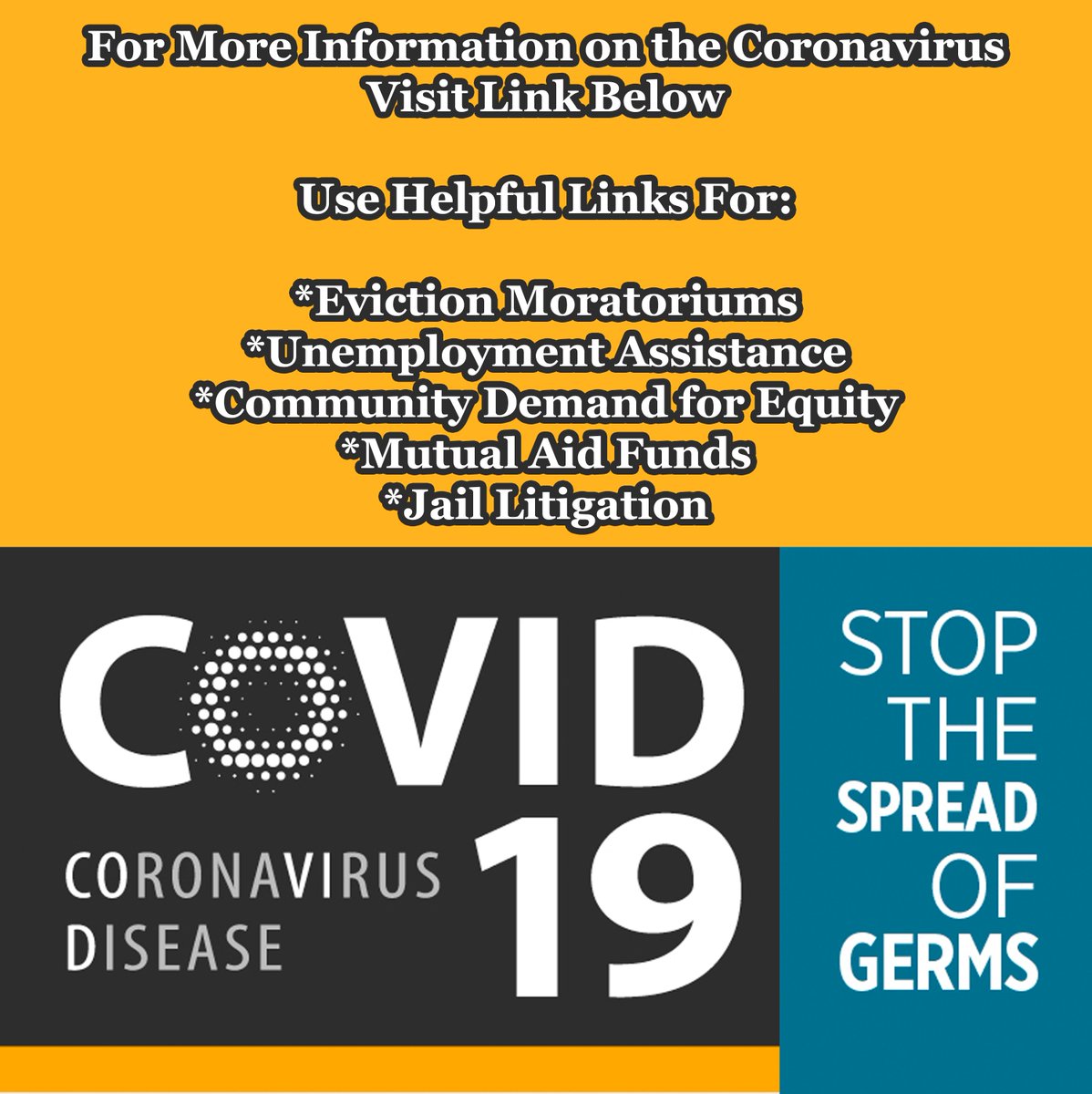 EMILending's tweet image. For More Information on the Coronavirus 
Visit Link &amp;gt;&amp;gt;&amp;gt;
communityjusticeproject.com/covid19/#work

Use Helpful Links For:
*Eviction Moratoriums
*Unemployment Assistance
*Community Demand for Equity
*Mutual Aid Funds
*Jail Litigation 

#Covid19 #Coronavirus #Quarantine #SocialDistancing #StaySafe