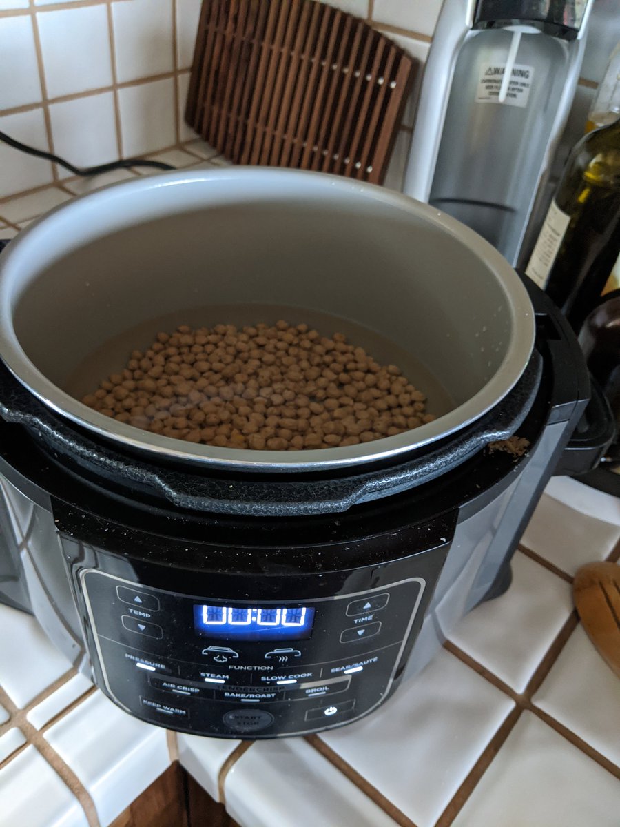 You're not still buying hummus are you? Let's make some. 1 pound of dry chickpeas and 6 cups of water into the pressure cooker on high for 45 mins. No instapot? No prob. Leave the beans in the water overnight, then the next day boil them till they're totally tender.