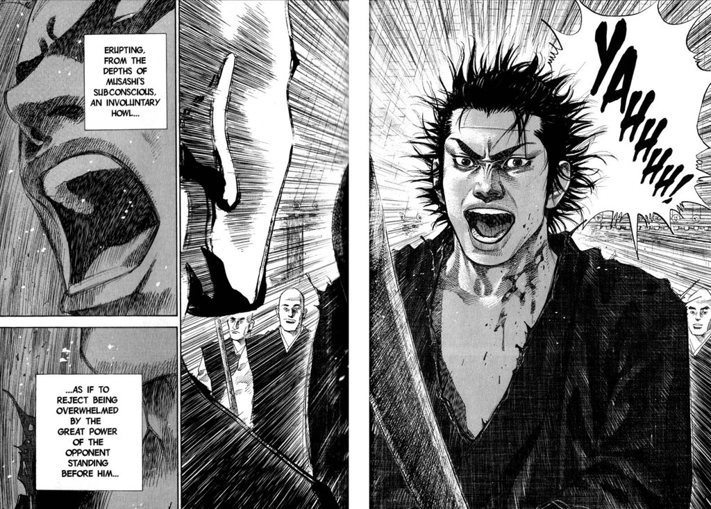 “Erupting from the depths of Musashi’s subconscious, an involuntary howl” I love how this manga depicts their metal state and pressure during a fight