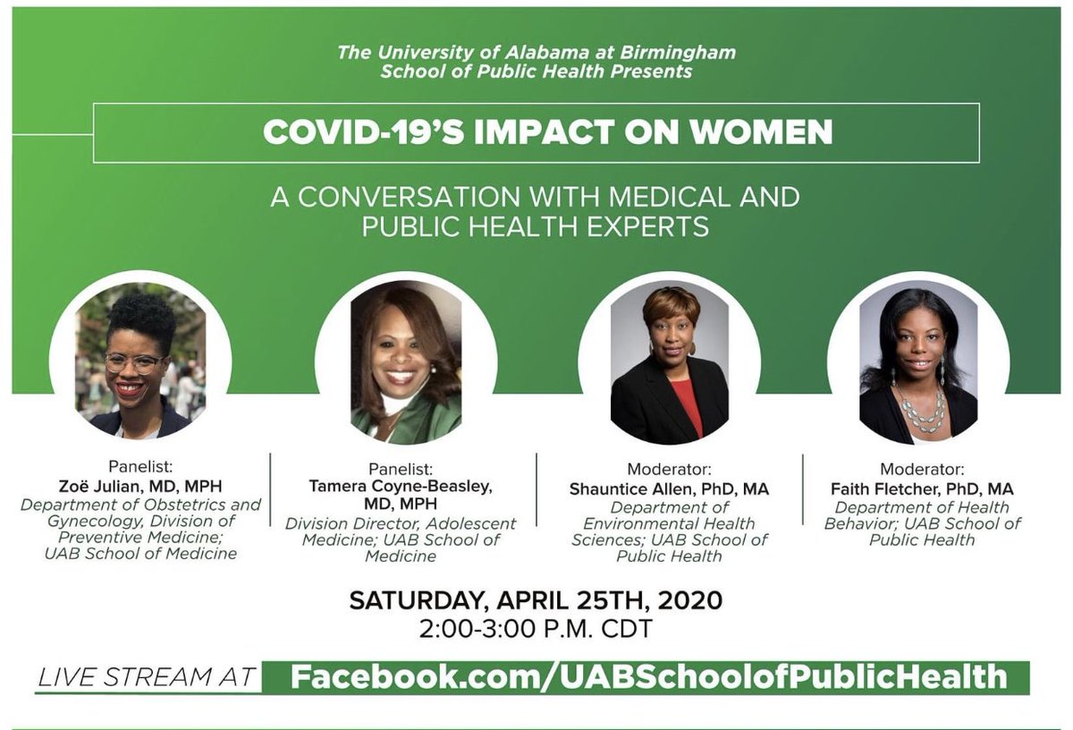 uabcfar's tweet photo. Moderators include #CFARs β¦@FaithEFletcherβ© from the β¦@uabSOPHβ© Please make plans to join this important dialogue to discuss #COVID19βs impact on #women . #uabnews https://t.co/xVsmEhzplB