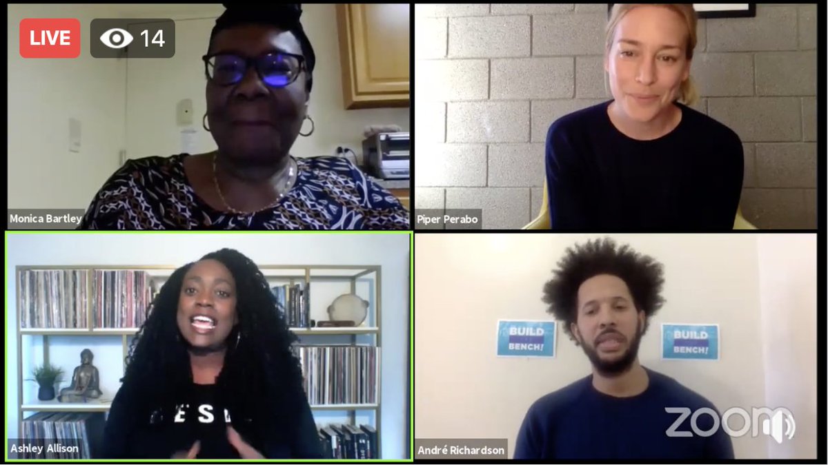 Screenshot of Facebook live event showing all four guests on screen, calling in via Zoom.