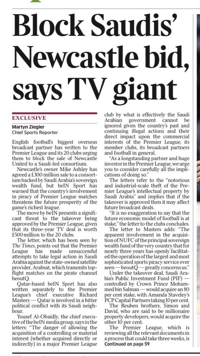 stevewraith's tweet photo. This article now causing a mild state of panic amongst #nufc fans re: #nufctakeover The Premier League checks are looking at new owners plans for club, where moneys coming from, people involved. They don’t consider letters of complaint. It’s not points of view 🙈 https://t.co/vnooYmMf4g