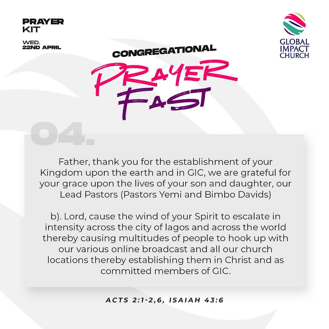 Global_ImpactNG's tweet photo. Prayer Kit For Wednesday (22nd April 2020) Congregational Fasting & Prayers
#globalimpactng
#PrayerKit
#PrayerAndFasting
#April2020 https://t.co/uUJbLLSMjY