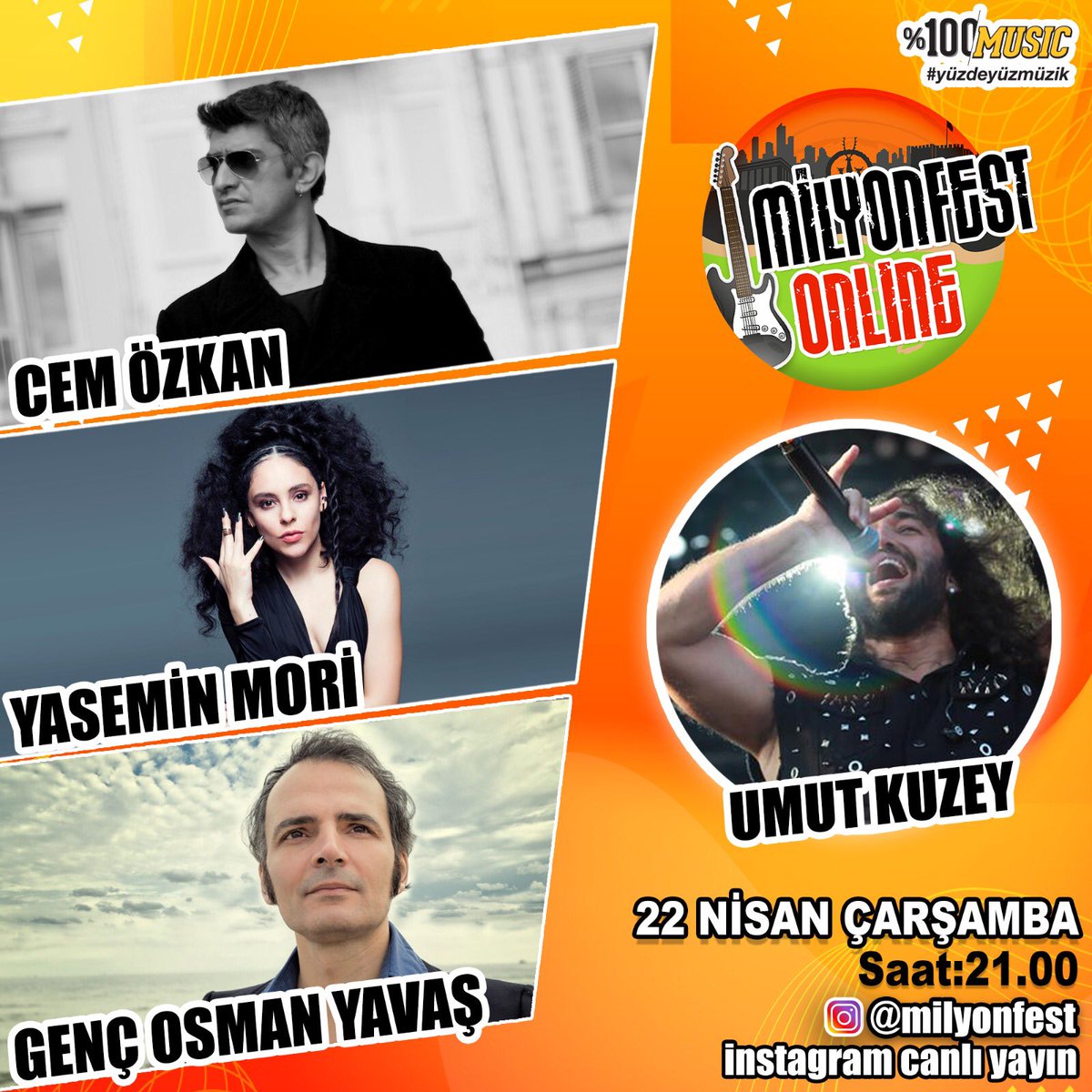 Milyonfest ONLINE’da ÇARŞAMBA akşamı⚡️<a href="/umutkuzey/">Umut Kuzey</a> 'e #BuAkşam  <a href="/cemozkanlive/">Cem Özkan</a>, <a href="/Yasemin_Mori/">Yasemin Mori</a> ve <a href="/gencosmanmuzik/">Genç Osman Official</a> konuk olacak. 

⏰ Saat 21:00’da @Milyonfest canlı yayınında kimler bizimle? 🤚🏻

MİLYONFEST ONLINE mıyız?
#evdekal #güzelgünleriçin #milyonfest #tertemizfestival