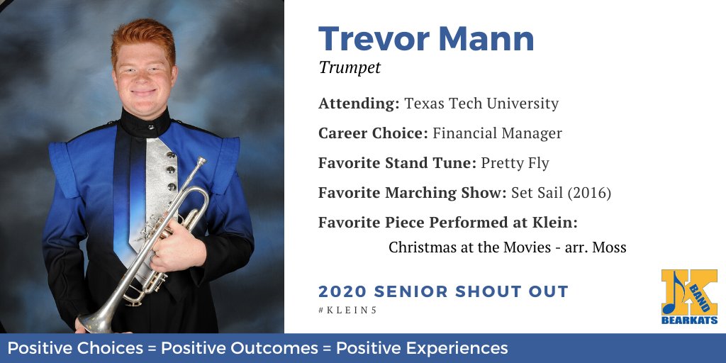 KleinBand's tweet photo. Today we are recognizing Trevor! Trevor is always ready to lend a hand when we need help. He has set a great example for the younger members in his section! We will miss him and the 2020 @KleinHigh Band Seniors!
#Klein5 #Gratitude #ClassOf2020 #SeniorShoutOut #KleinFamily https://t.co/S8K30sRovi