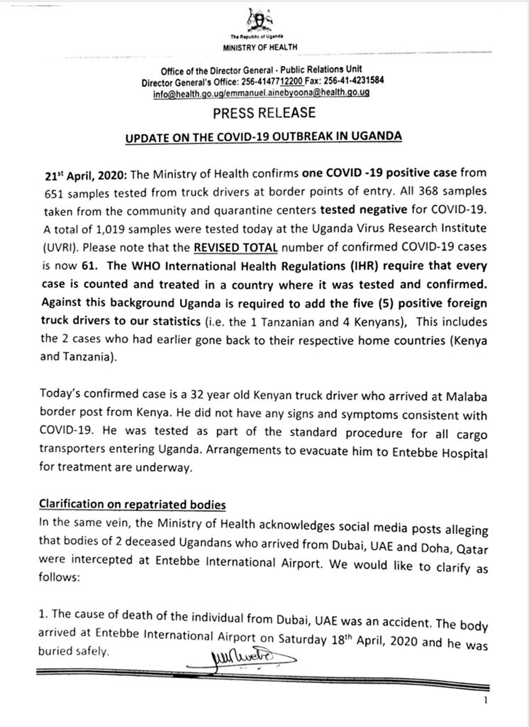 JaneRuth_Aceng's tweet photo. 1 new case confirmed today, out of the 1,019 samples tested today. 
The new case is a Kenyan truck driver who came in from Kenya via Malaba Border point of entry. 
The total confirmed cases in Uganda are now 61. https://t.co/9FHdqsSHcK