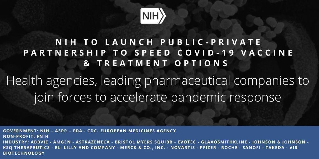 EliLillyandCo's tweet photo. As a pandemic calls for a coordinated international research response, @NIH will launch a public-private partnership with 12+ government agencies and pharma companies, including Lilly, to help accelerate research into #COVID19 treatments and vaccines: https://t.co/X9L4jY1gD2 https://t.co/qUlKn3by8m