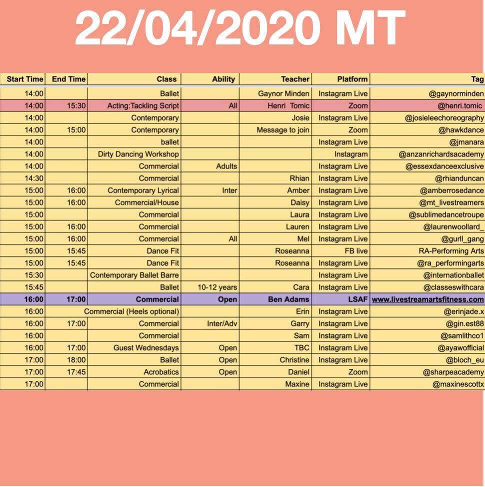 arts_stream's tweet photo. Tomorrow’s dance classes 💃 
Date: 22/04/2020 🗓 🟡 Musical Theatre 🔵 Fitness 🟣 Live Stream Arts Fitness 🔴 Bought advertisements ⏰ Time zone. - BST / GMT +1 #live #liveclass #class #dance #time #timetable #perform #hard #hardwork #lockdown #OneWorldTogetherAtHome #stayhome https://t.co/NKWuCxgQqp