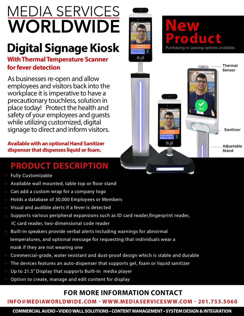 MediaServicesWW's tweet photo. Touchless, people temperature sensing kiosks for lobby entrances.  Protect the health of employees and guests. For more details: +1 201.753.5060 https://t.co/t50xtYAUfG https://t.co/4Q24zoc3xb