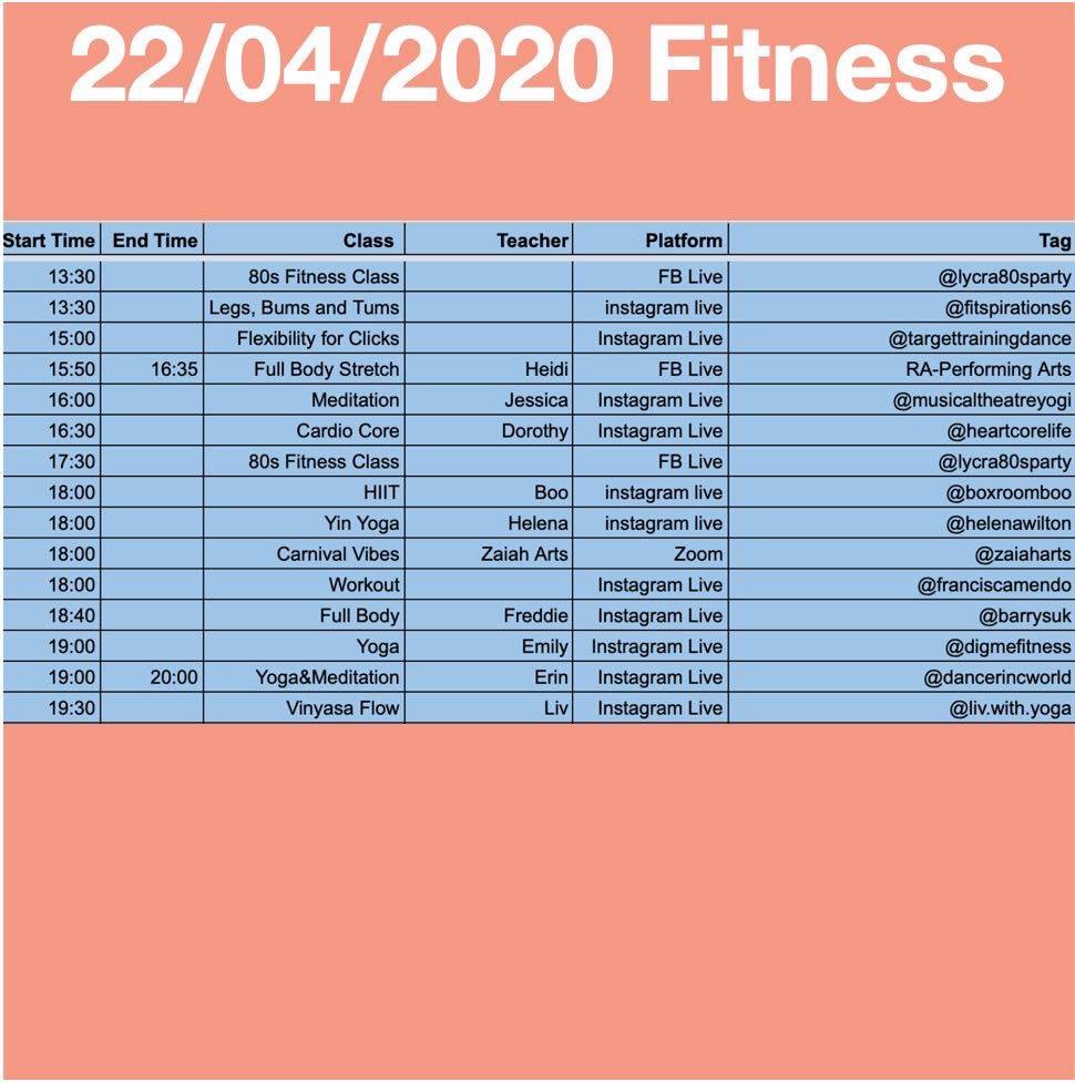 arts_stream's tweet photo. Tomorrow’s fitness classes 💃 
Date: 22/04/2020 🗓 🟡 Musical Theatre 🔵 Fitness 🟣 Live Stream Arts Fitness 🔴 Bought advertisements ⏰ Time zone. - BST / GMT +1 #fitness #fit #work #workout #lockdown #healthy #hard #workhard #sweat #time #timetable #yoga #class #live https://t.co/dvjBniTK97