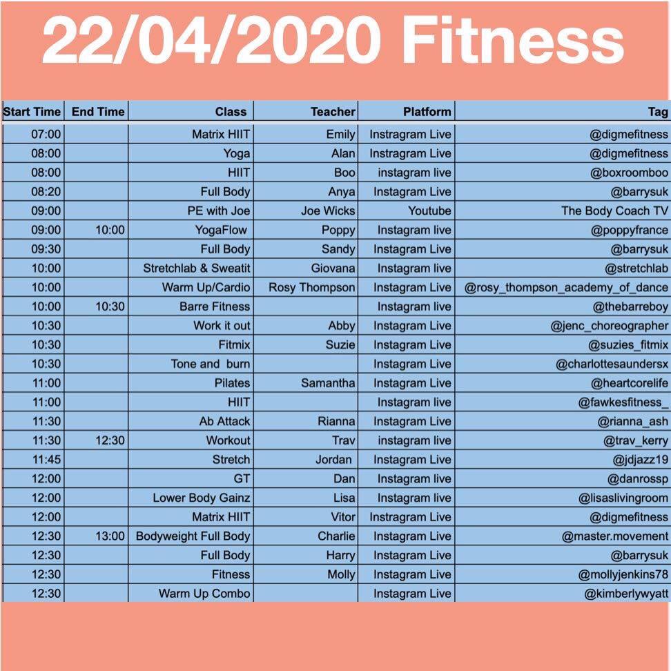 arts_stream's tweet photo. Tomorrow’s fitness classes 💃 
Date: 22/04/2020 🗓 🟡 Musical Theatre 🔵 Fitness 🟣 Live Stream Arts Fitness 🔴 Bought advertisements ⏰ Time zone. - BST / GMT +1 #fitness #fit #work #workout #lockdown #healthy #hard #workhard #sweat #time #timetable #yoga #class #live https://t.co/dvjBniTK97