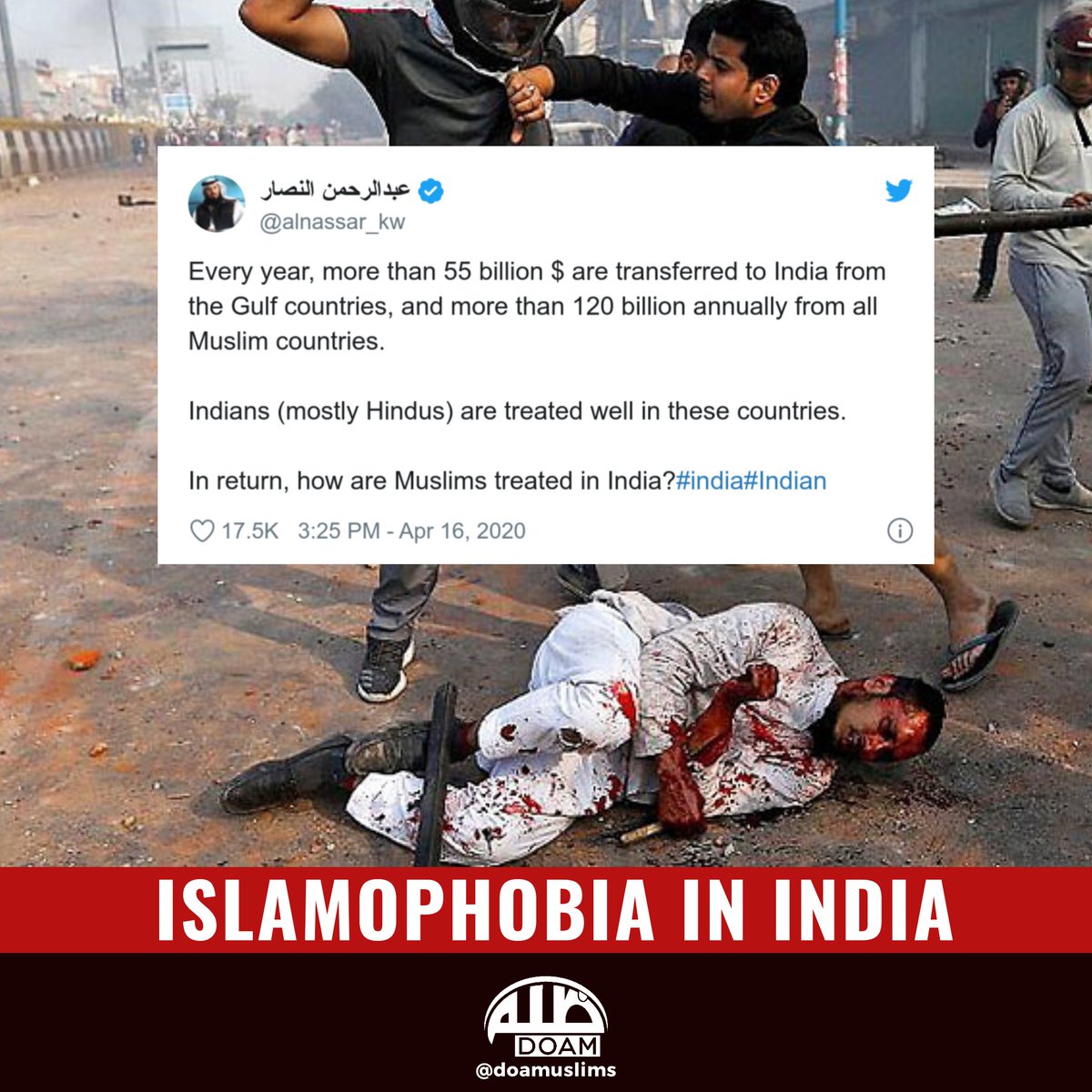 doamuslims's tweet photo. "Every year, more than $55 billion  are transferred to India from the Gulf countries &amp; over $120 billion annually from all Muslim countries. Indians (mostly Hindus) are treated well in these countries. In return, how are Muslims treated in #India?" - @alnassar_kw

#Islamophobia https://t.co/ejDUHU7VW2
