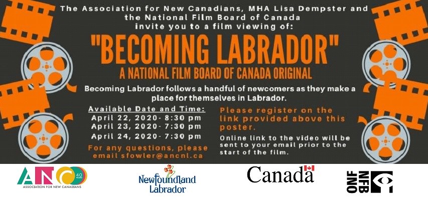 ANC_of_NL's tweet photo. Film viewing of "Becoming Labrador" is just around the corner. 🎥🎬🍿 The film is FREE and is only available for a limited time. 😊

Don't miss out and REGISTER now at https://t.co/p4Vx4bx6Hh.

Brought to you by the Association for New Canadians, @GovNL, and @thenfb. https://t.co/0dDaFTTTLI