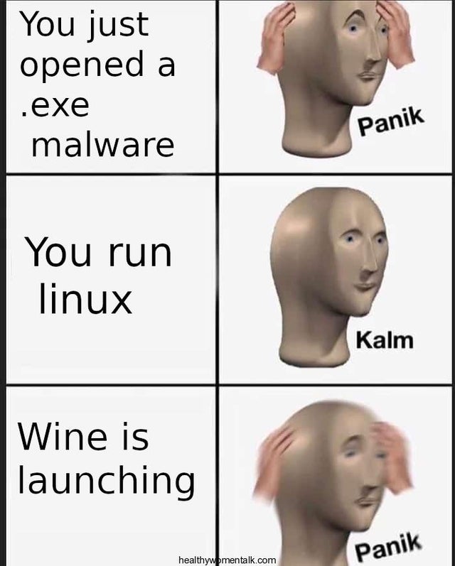 nixcraft's tweet photo. Meme about WINE software on Linux #opensource https://t.co/dXDMf0atk7