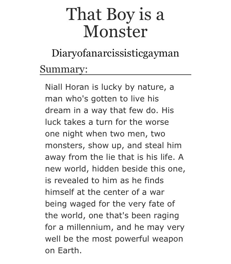 “That Boy is a Monster” by Diaryofanarcissisticgayman•au•angst very angsty•everything will be fine•read the tagsBUCKLE IN PEOPLE once again, it’s gonna be a long ride but it’ll be worth it https://archiveofourown.org/works/4908046/chapters/11259055