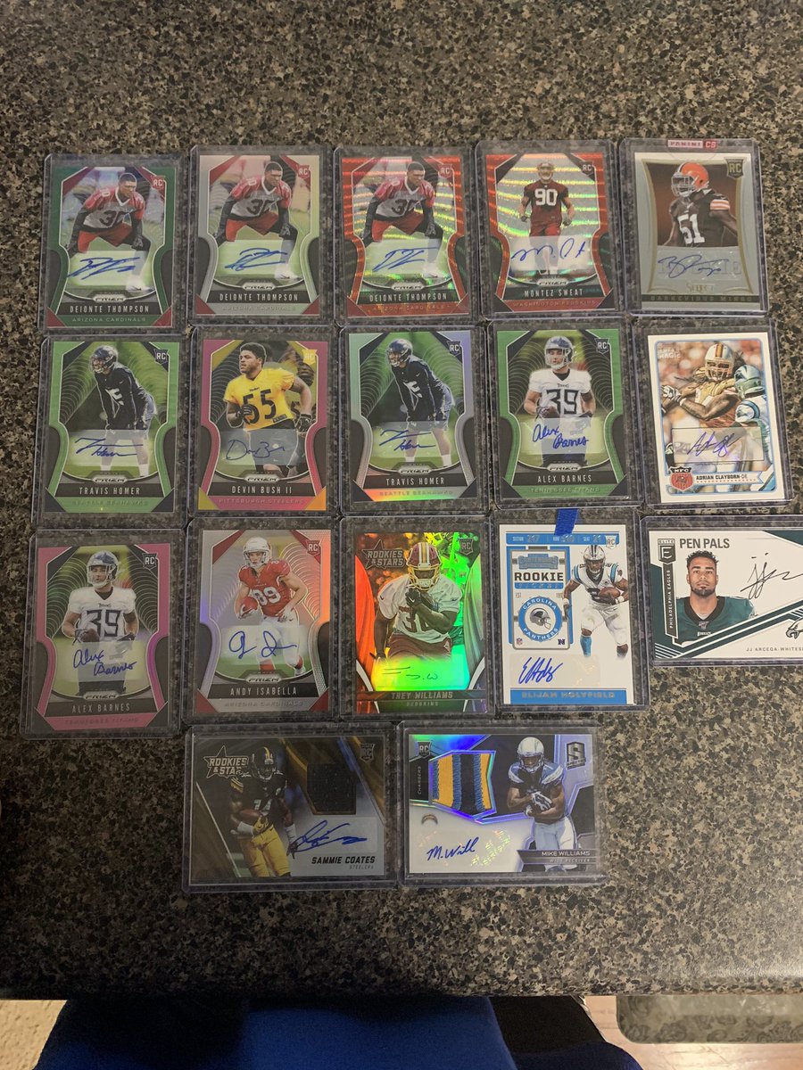 Some more football. Probably paid $30-35 for all of this. Highlighted by Isabella silver auto and the mike Williams /99 spectra RPA, love prizm autos tho so I don’t mind buying no name lots.