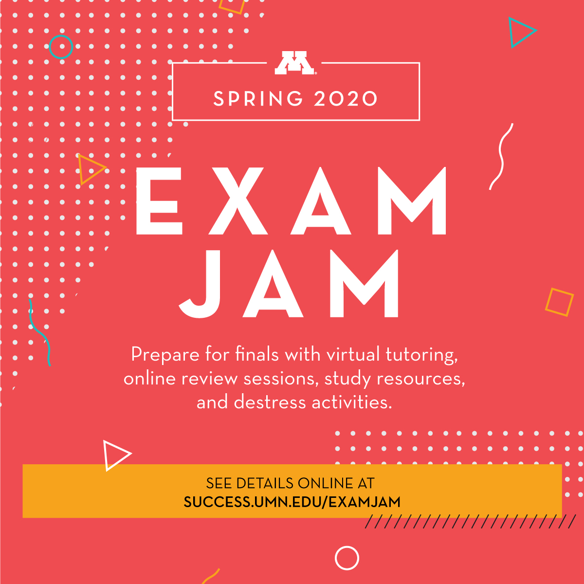 umnsuccess's tweet photo. Ready your Wifi and your questions because EXAM JAM is right around the corner! From April 26th-May 6th take advantage of the Academic Success Centers increased hours and crush your finals!! #examjam #umnsuccess https://t.co/mPQWLg6DF3