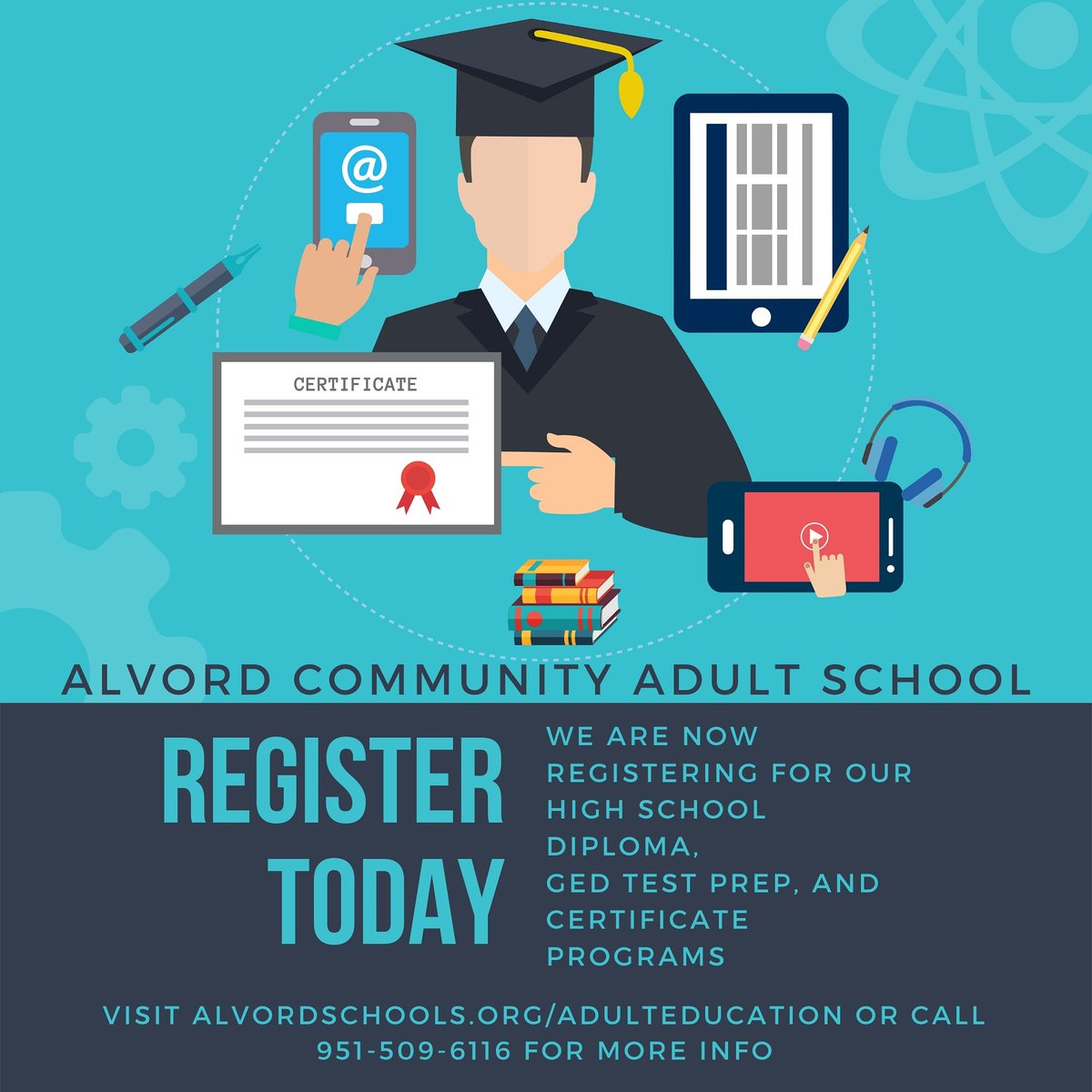AlvordAdultEd's tweet photo. We are now registering students for our High School Diploma, GED Test Prep, and Certificate programs. Visit our website for more information or visit this link to start the registration process: https://t.co/q4t8MSnDQy @AlvordUnified @riversidecagov https://t.co/evABDjx9lN