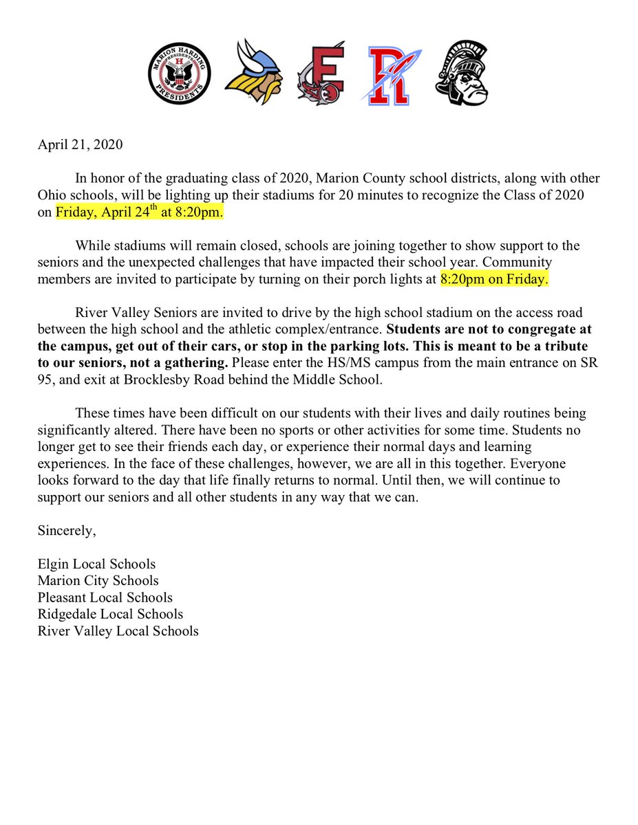 RiverValleyAD's tweet photo. This Friday, RV will participate with all Marion County schools in a tribute to the class of 2020 by lighting our stadiums at 8:20pm. All information is within the letter below, contact tstout@rvk12.org with any questions.

Most important: This is a tribute, NOT a gathering. https://t.co/FSWf7VBKeG