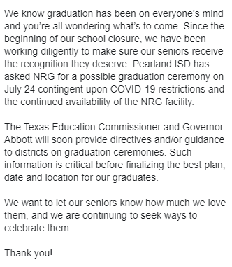PearlandISD's tweet photo. Attention Eagle, Oiler and Railcat senior parents: the following message regarding graduation was sent to you by your principal through a Skyward email earlier today: https://t.co/14FcCsoQpx