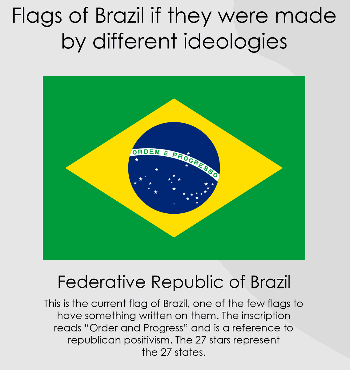 The flag of Brazil, redesigned as various ideologies.Source: ( https://www.reddit.com/r/vexillology/comments/g4qial/flags_of_brazil_made_in_different_ideologies/)