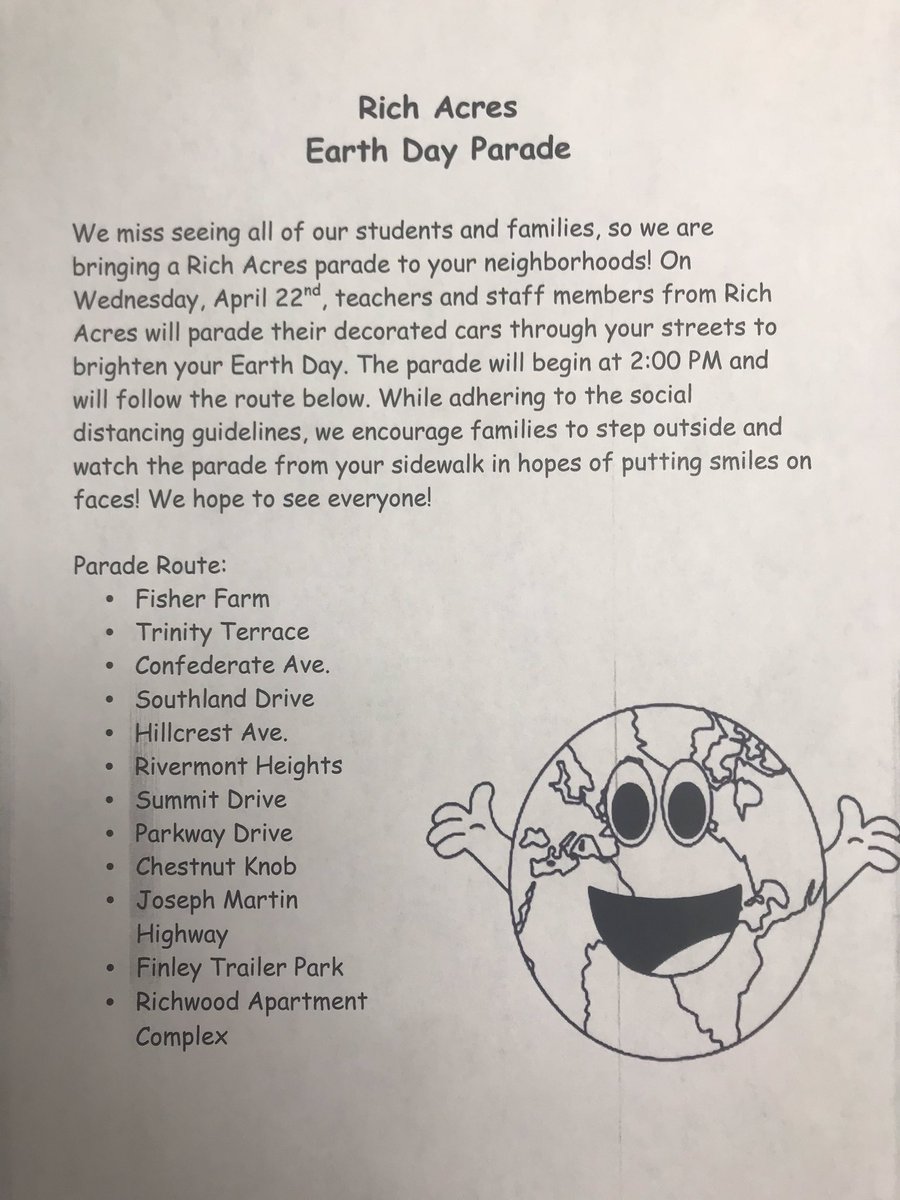RichAcresElem's tweet photo. RAE Earth Day parade is tomorrow at 2:00 PM.  We can’t wait to see our students from a safe distance! #earthday #missourbucs https://t.co/fhmXgSK6kv