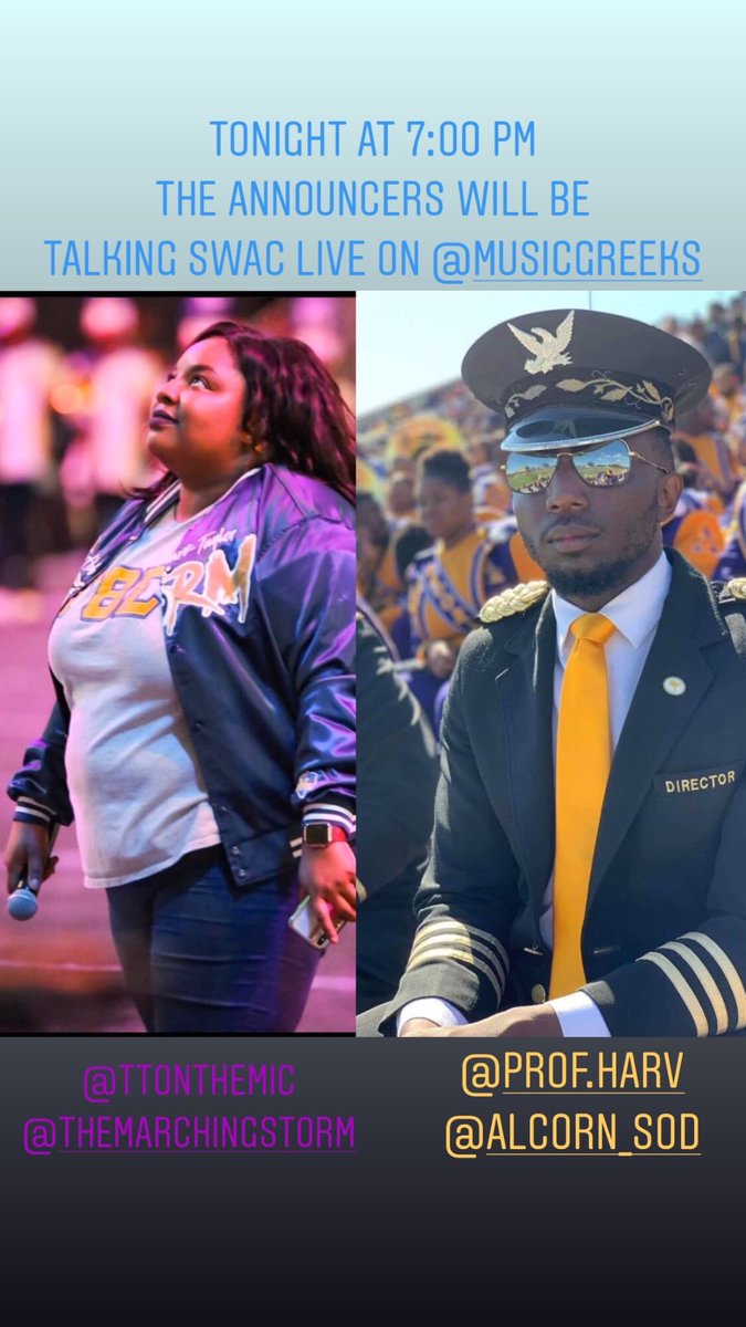 _ttonthemic's tweet photo. TONIGHT! THE ANNOUNCERS ARE TAKING OVER THE @MusicGreeks IG LIVE! I need all my Panthers to tune in!
💜💛💜💛💜💛💜💛💜💛💜💛
#pvamu #alcornstateuniversity #marchingstorm #soundsofdynomite #mlitb #itb #hbcubands #swacbands https://t.co/qH5g76mxFh