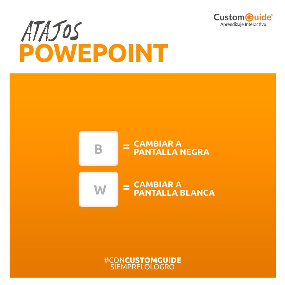 CustomGuideES's tweet photo. Les tenemos otro atajo, ahora de PowerPoint. 😁

Este atajo se puede utilizar durante una presentación. Oculta y vuelve a mostrar la presentación con estos simples comandos.

Visita:
https://t.co/jnjXDc7sxv
Para ver temarios y más información sobre nuestros cursos. https://t.co/xSIoChitNs