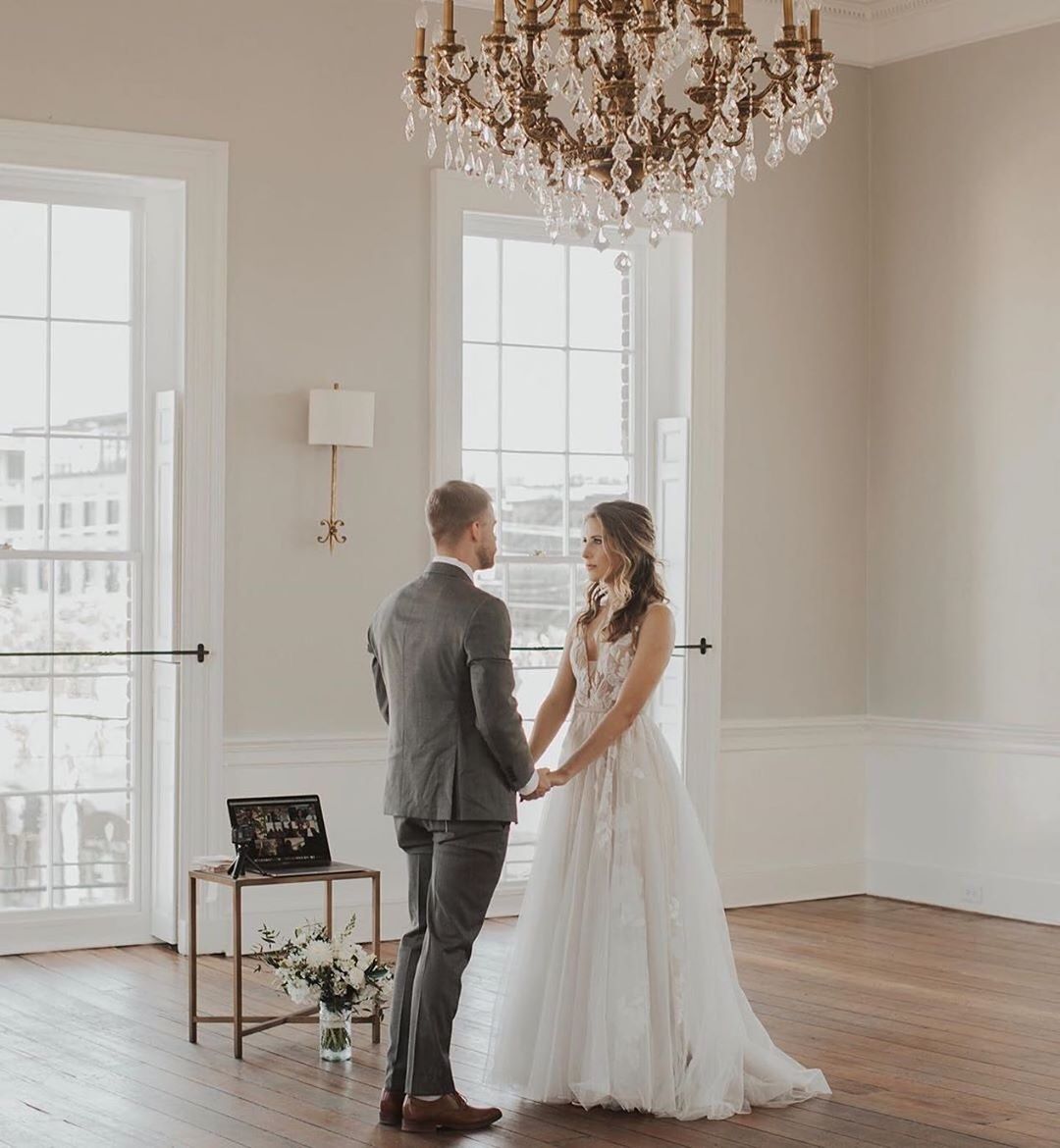 Hannah and Elijah hosted a Zoom ceremony with a first dance and a virtual champagne toast! 🥂 "We are officially married and could not feel more loved or blessed." ✨{Jessica Lancaster}