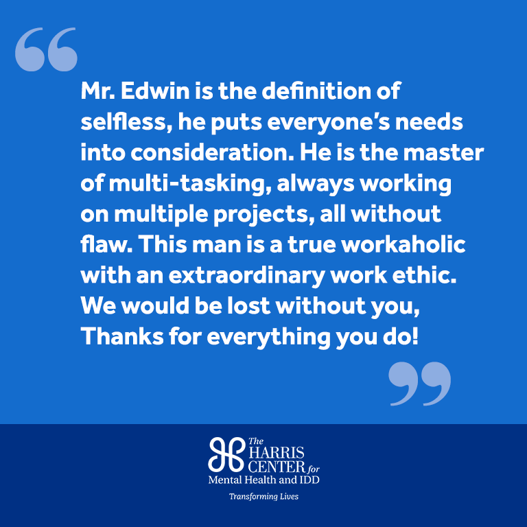 TheHarrisCTR's tweet photo. Our team is filled with amazing, dedicated &amp; talented individuals. During this difficult time, they continue to help transform the lives of individuals with behavioral health &amp; IDD needs. In today’s #TeamHighFive, we recognize Edwin Toran! 
https://t.co/kT5xzZvOCt https://t.co/YUwRXK60VY