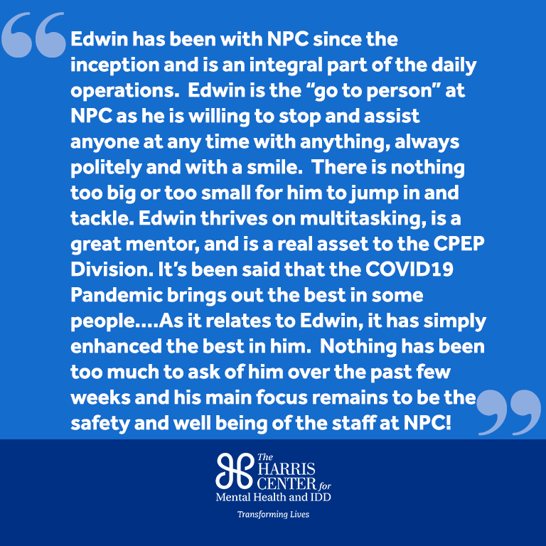 TheHarrisCTR's tweet photo. Our team is filled with amazing, dedicated &amp; talented individuals. During this difficult time, they continue to help transform the lives of individuals with behavioral health &amp; IDD needs. In today’s #TeamHighFive, we recognize Edwin Toran! 
https://t.co/kT5xzZvOCt https://t.co/YUwRXK60VY