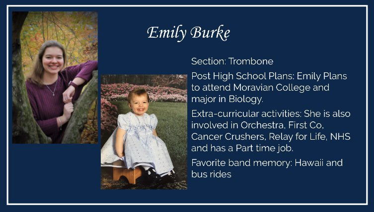 LHSGB's tweet image. Time for the next 4 seniors.  Drew Bobyak, Kaitlin Borda, Camryn Bortz, and Emily Burke are four of the best the LHSGB has to offer!  #SecondToNone