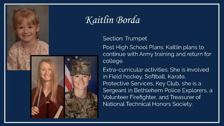 LHSGB's tweet image. Time for the next 4 seniors.  Drew Bobyak, Kaitlin Borda, Camryn Bortz, and Emily Burke are four of the best the LHSGB has to offer!  #SecondToNone